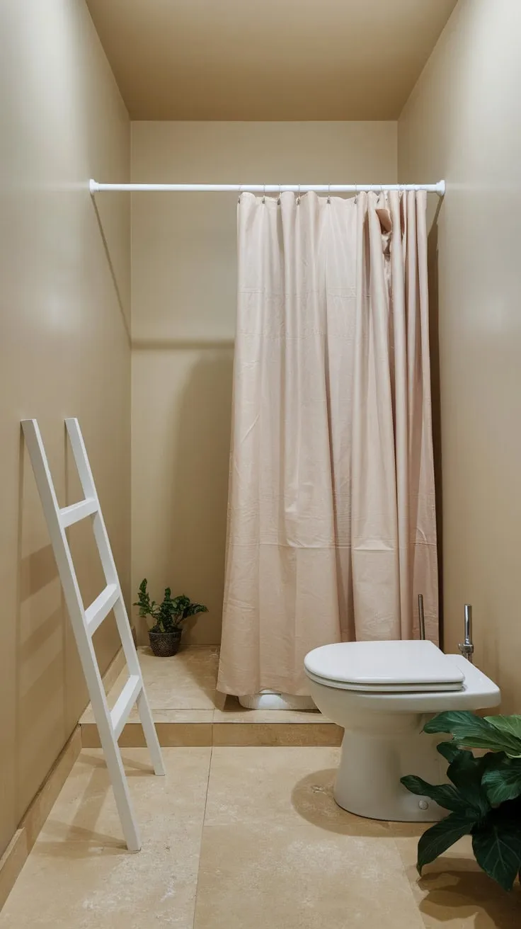 A minimalist small bathroom achieves spaciousness with a neutral beige palette, clean white fixtures, and a small plant adding a touch of life.