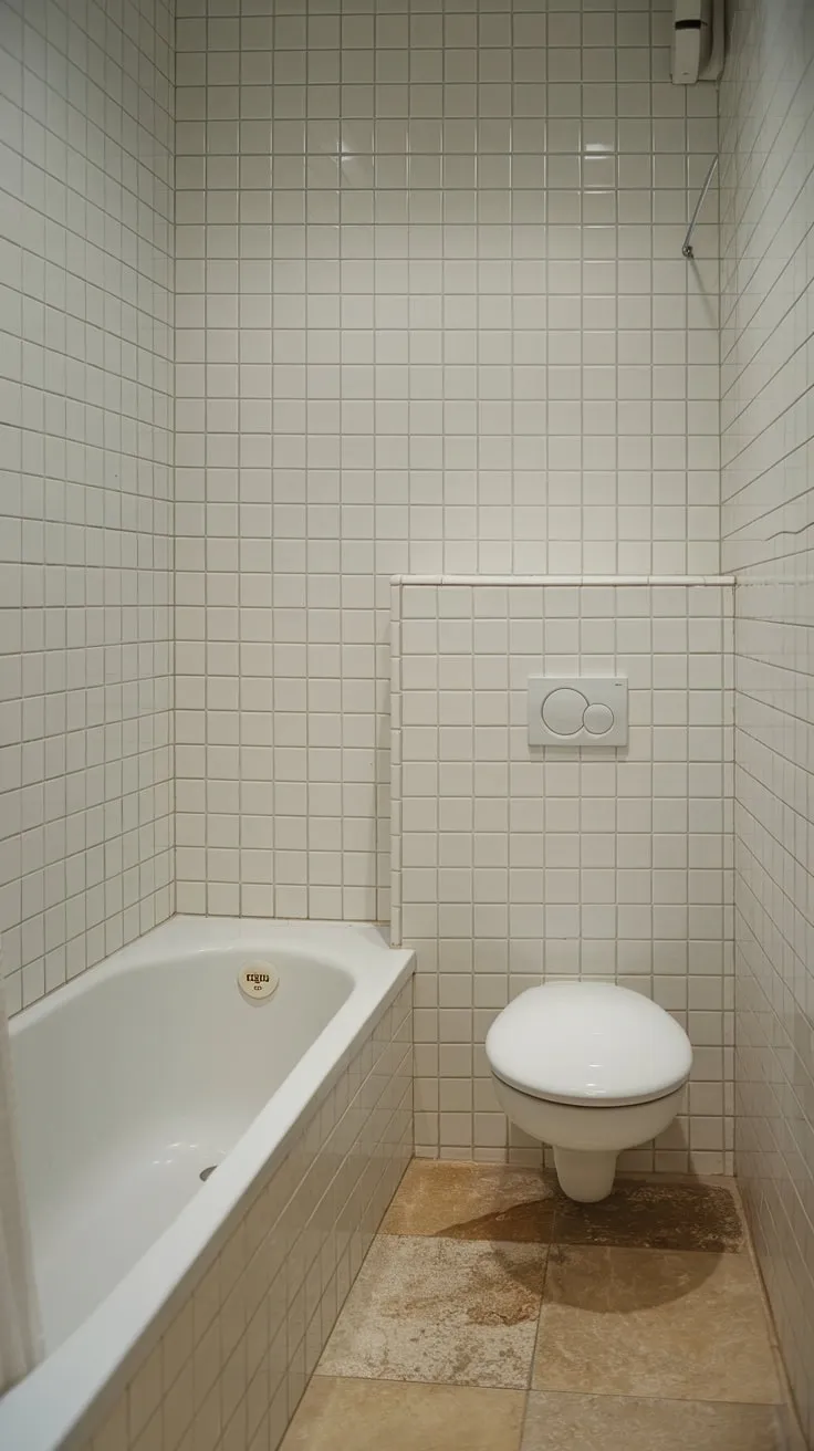 A minimalist white bathroom's clean lines and soft lighting create a calming, space-saving sanctuary.
