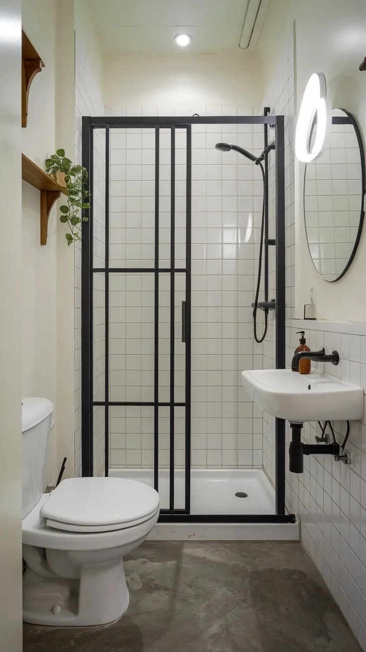 A small bathroom achieves spaciousness through a minimalist design featuring white sanitaryware, a black faucet, and grey tiles, complemented by simple decor.