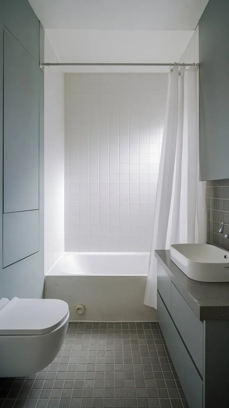 A tiny bathroom achieves spaciousness through simple white and gray design elements.