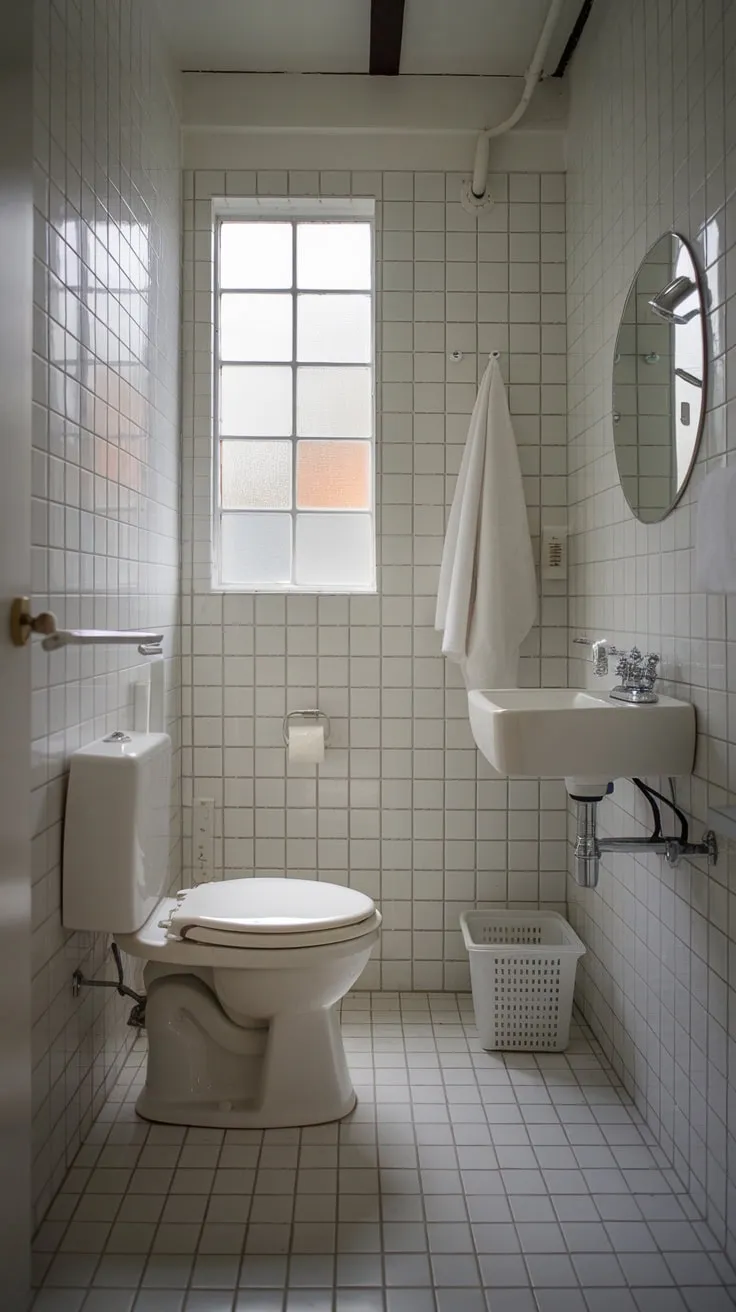 Sparkling white tiles and streamlined fixtures create a serene minimalist haven in this small bathroom