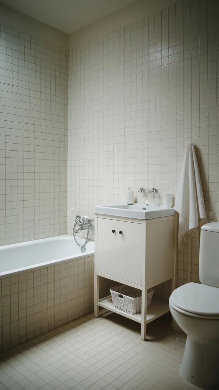 Soft light illuminates a serene small bathroom featuring white fixtures and subtle beige tile, achieving minimalist perfection.