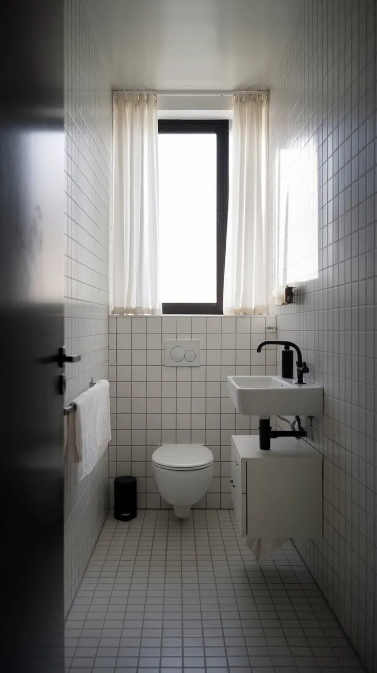 A small, white-tiled bathroom achieves stylish simplicity with strategic black accents.