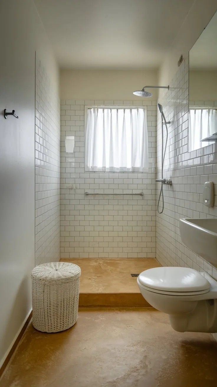 A tiny, bright bathroom boasts a minimalist design with white and beige tones for a calming space.