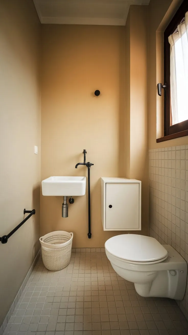 A compact white bathroom boasts simple elegance with a single tap sink, minimal storage, and warm lighting.