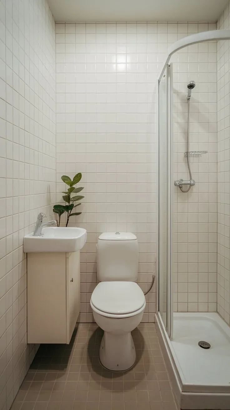 A small, serene bathroom boasts clean white lines and subtle beige flooring, proving less is more.
