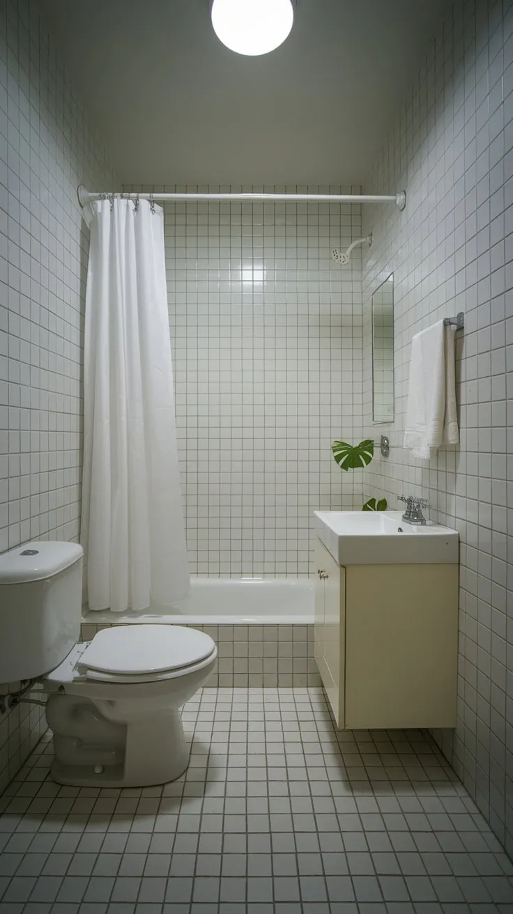 A small, bright white bathroom exudes calm with its simple, clean design.