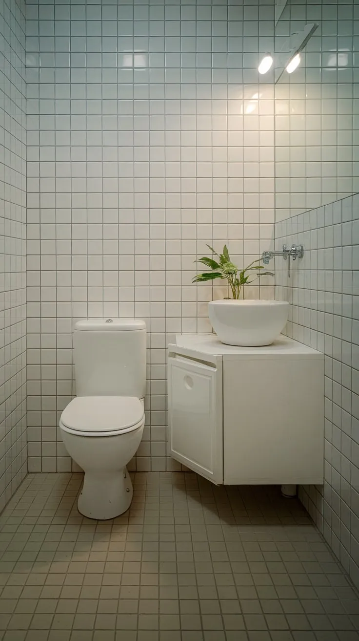 Bright lighting illuminates a serene small bathroom, featuring minimalist white fixtures and a beige tiled floor, accented by a small plant.