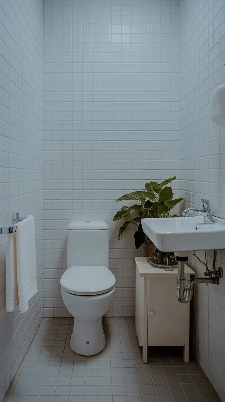 A small window brightens a minimalist white bathroom featuring a plant and chrome accents, proving big style comes in small packages.