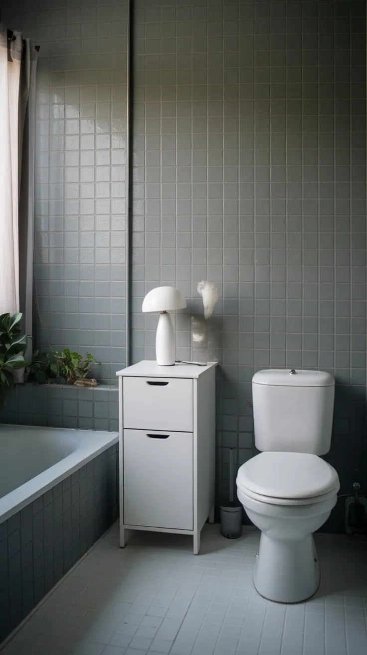 A small window, simple plant, and white-on-white design maximize space and light in this minimalist bathroom.