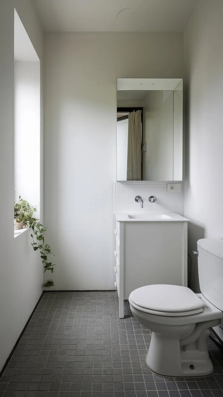 A tiny, dark-tiled bathroom maximizes space with a simple white vanity and subtle greenery.