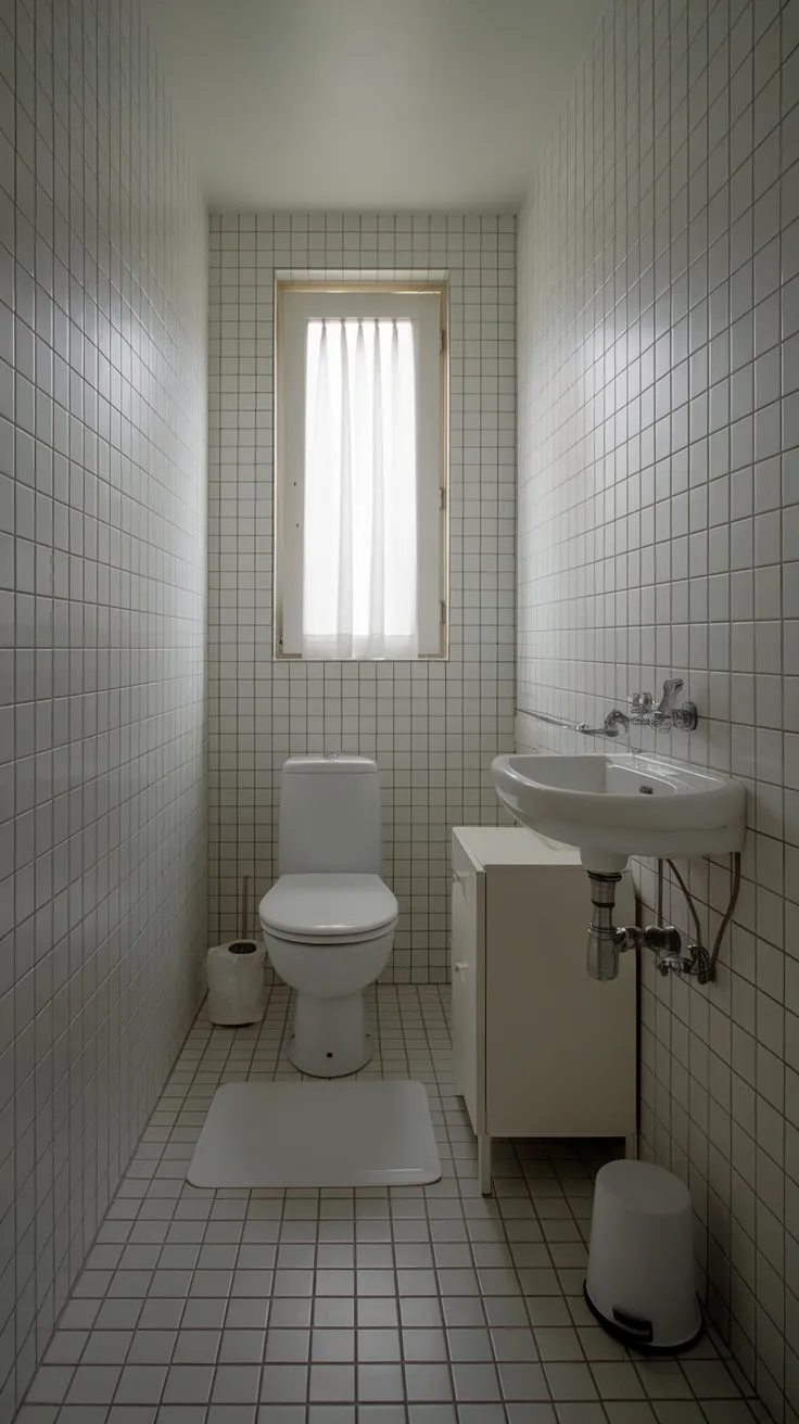 Brightly lit, a minimalist small bathroom gleams with white tiles, fixtures, and accents for a serene space