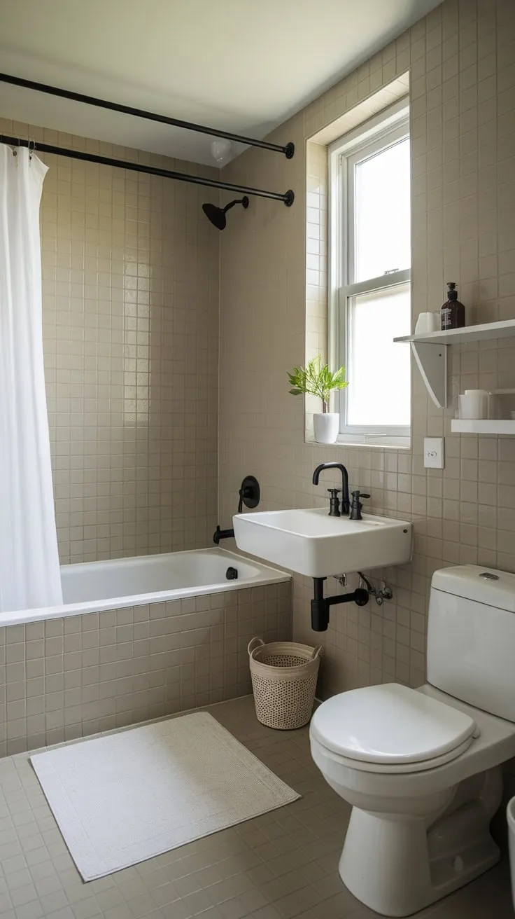 A serene small bathroom boasts a minimalist white palette accented by beige tiles and a touch of greenery.