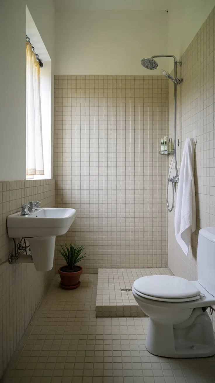 Beige tiles, white fixtures, and a tiny plant create a serene minimalist haven in this small bathroom