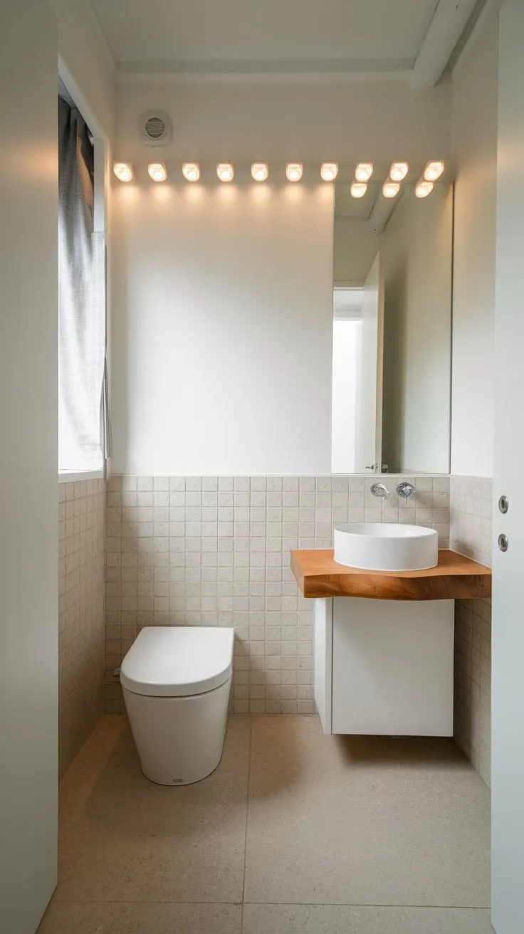 A small bathroom achieves modern elegance with simple white elements and subtle wood detailing.