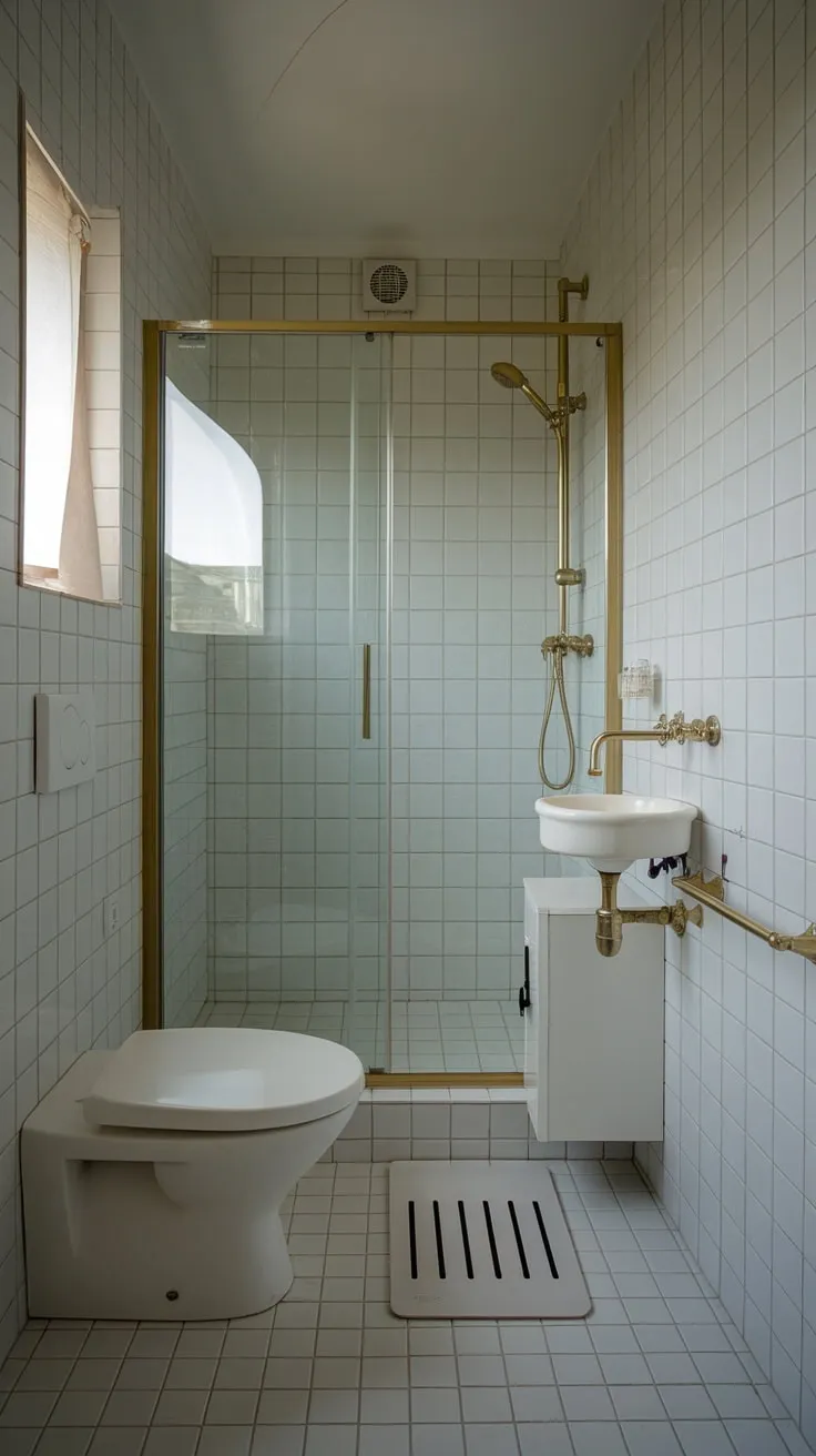 Bright lighting and sleek white fixtures maximize space in this minimalist small bathroom.
