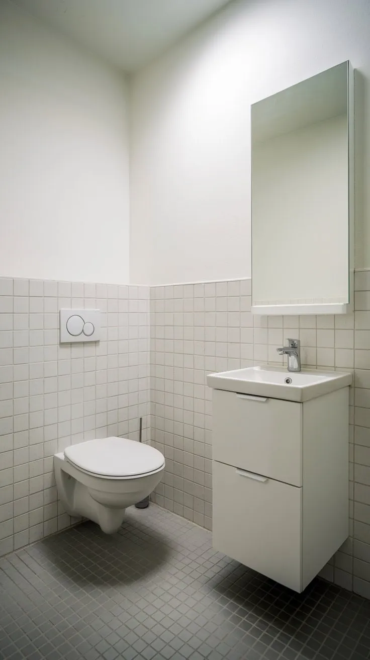 Bright lighting illuminates a small, stylish bathroom featuring a white vanity, grey tile floor, and clean white-tiled accents.