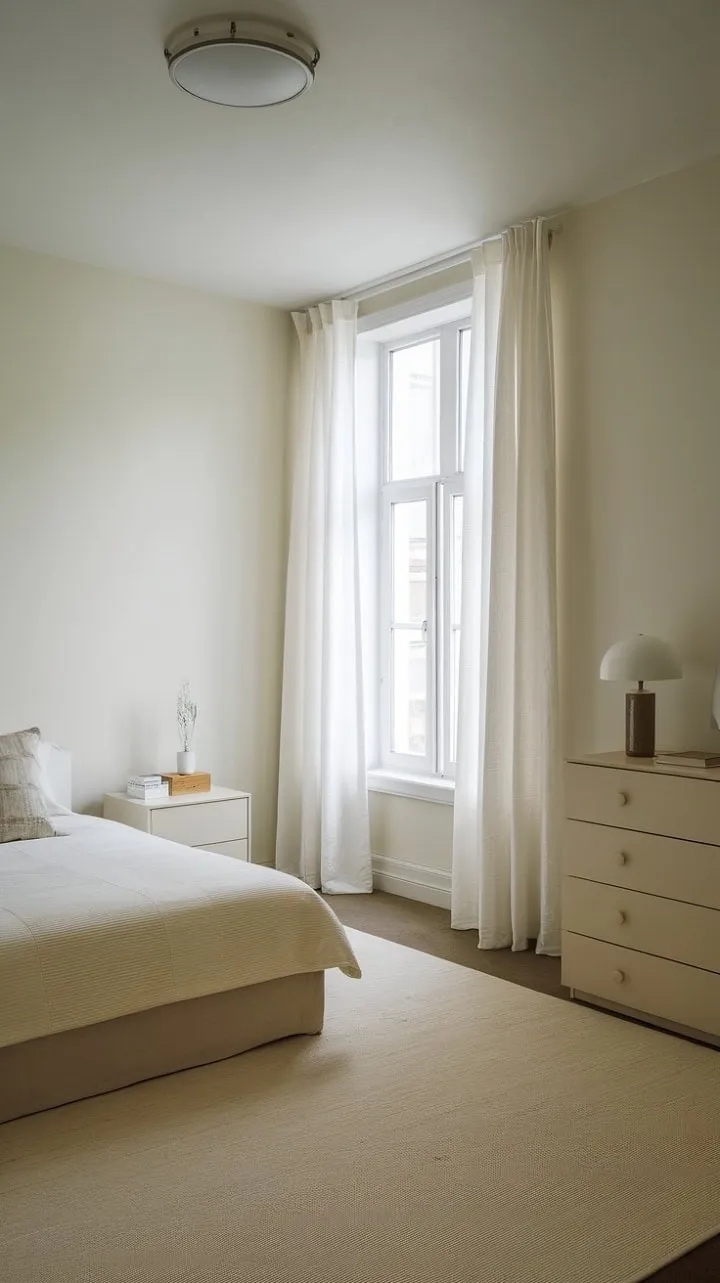This serene white bedroom exemplifies minimalist design, showcasing how a few carefully chosen pieces can create a tranquil and functional retreat.