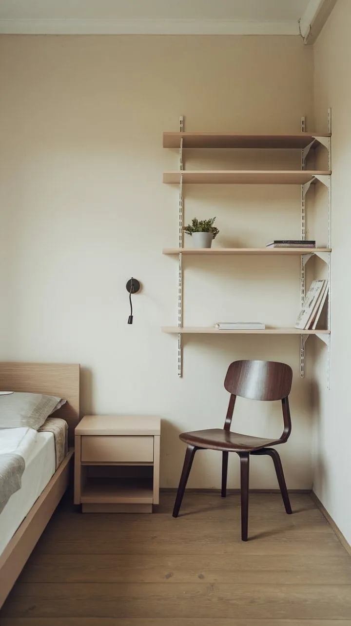 This elegantly minimalist bedroom exemplifies the art of intentional living, proving that a small space can be both functional and beautifully serene.