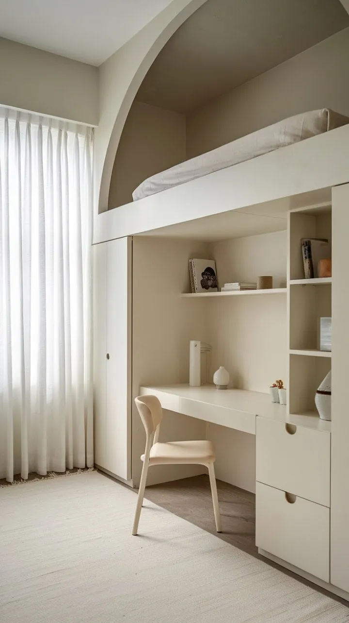 This serene small bedroom exemplifies efficient living with its minimalist design, featuring a loft bed and built-in shelving that foster a tranquil environment for relaxation and productivity.