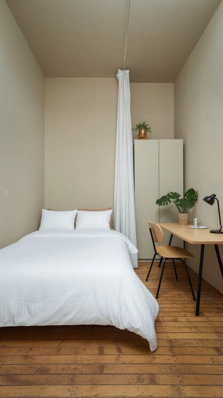 This small bedroom exemplifies the beauty of minimalism, combining clean lines and a neutral palette to create a serene, multifunctional retreat.