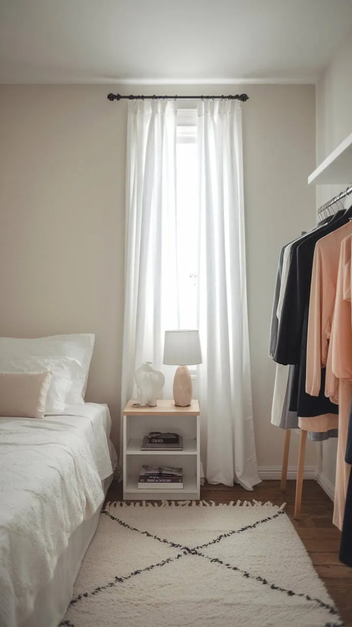 In a thoughtfully curated small space, the bedroom's clean lines and soothing colors embody the beauty of understated elegance, proving that less is indeed more.