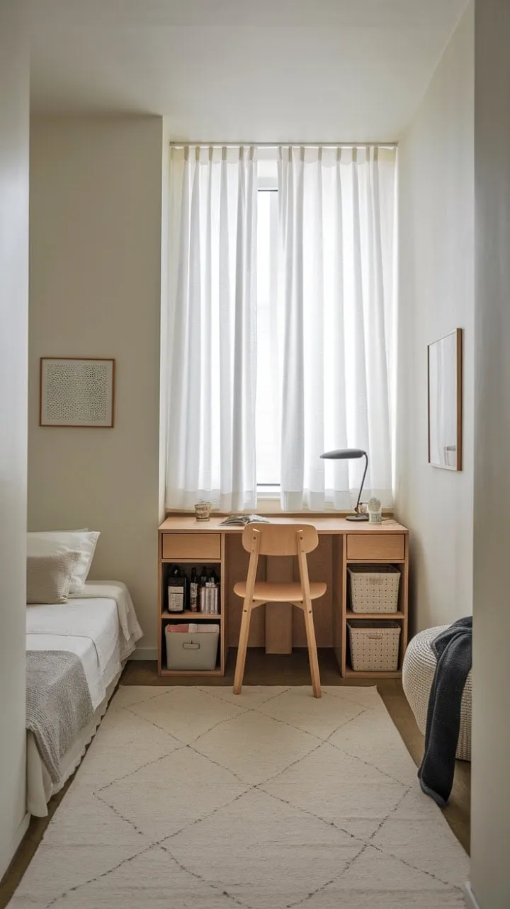 Thoughtful design transforms this small space into an inviting oasis of practicality and serenity, blending minimalist aesthetics with functionality.