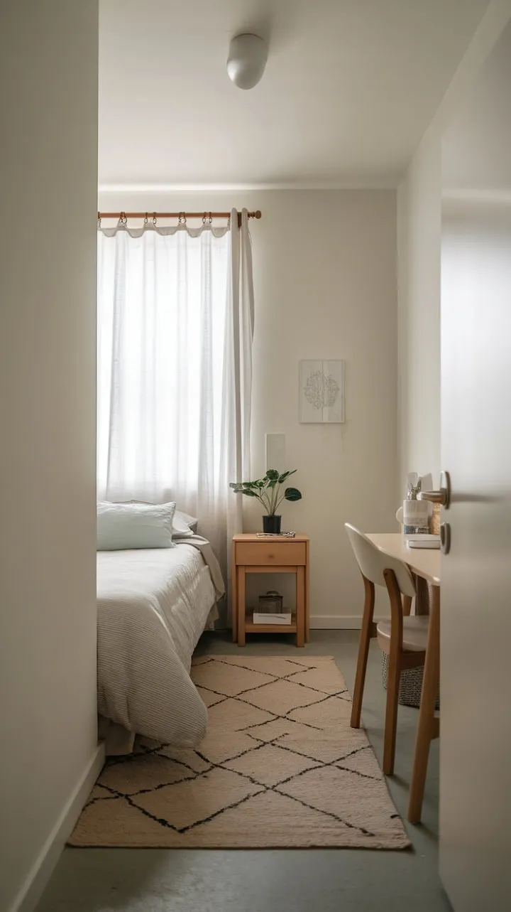 Bathed in sunlight, this thoughtfully designed compact bedroom transforms into a serene sanctuary with a full bed, a small desk, and a lively plant.