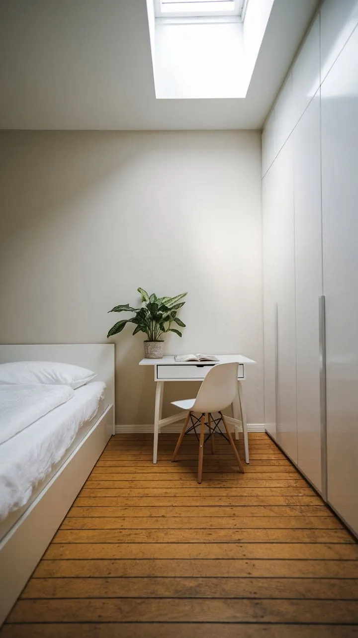 In this serene sanctuary, soft grey walls and warm wooden floors harmonize with minimalist decor and a touch of greenery, crafting a perfect blend of tranquility and productivity.
