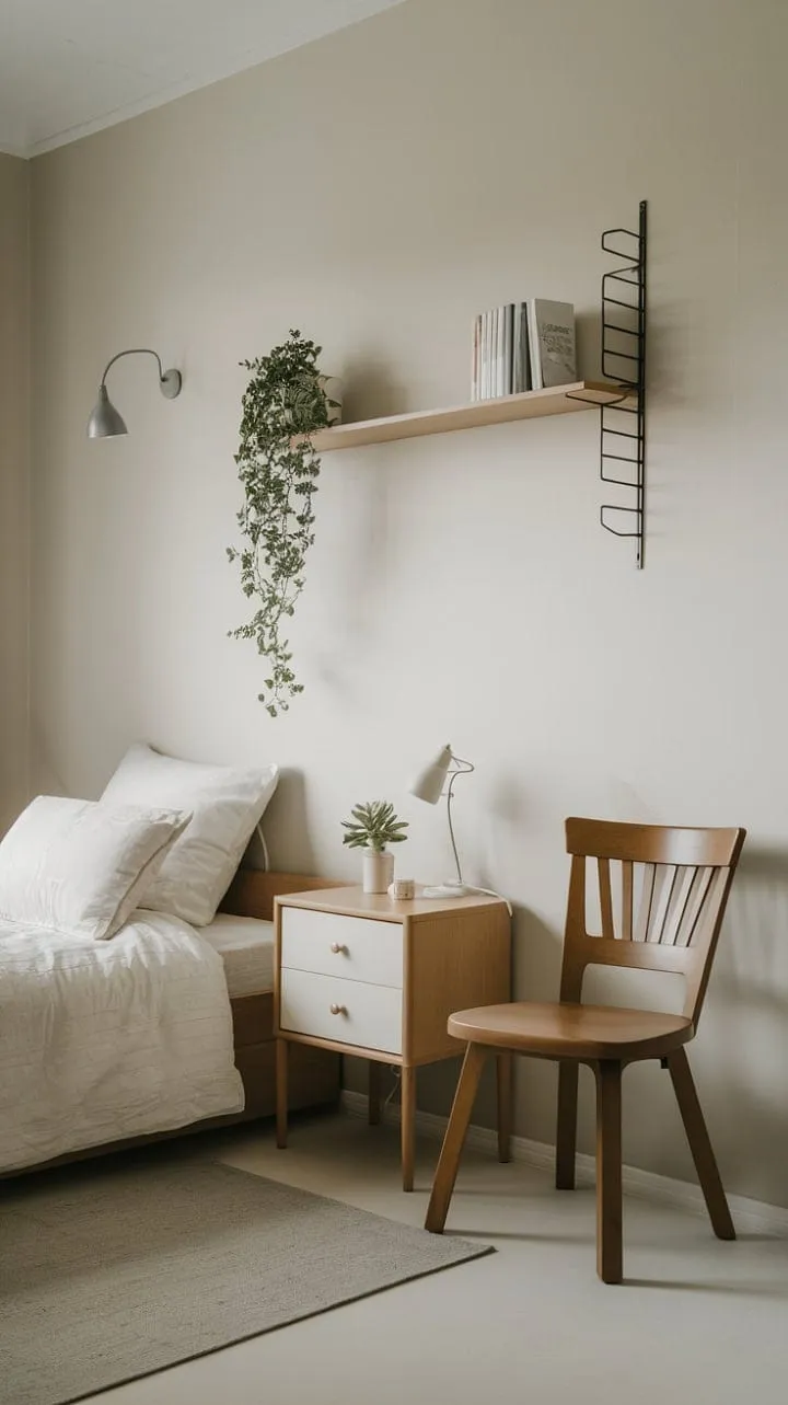 This cozy bedroom showcases how smart design can transform a small space into a stylish and functional retreat.