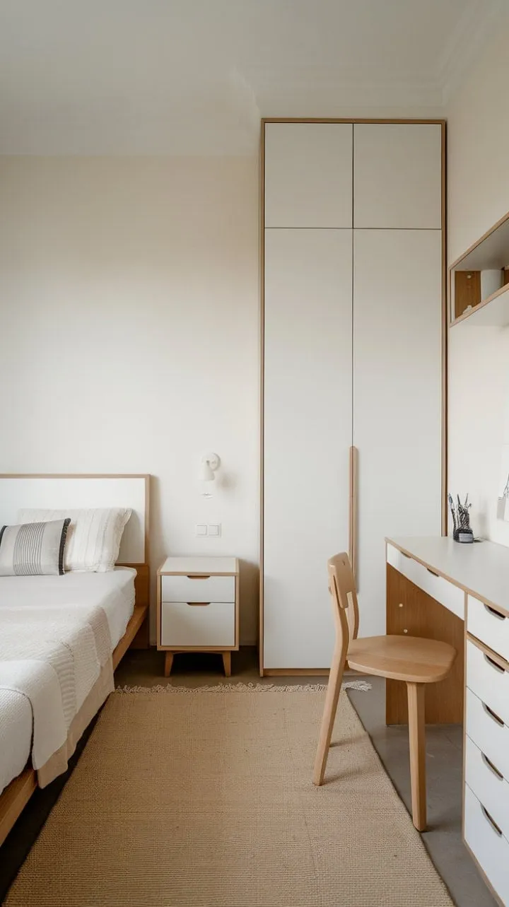 This small bedroom exemplifies the elegance of minimalism, where clean lines and thoughtful design create a warm, tranquil retreat.