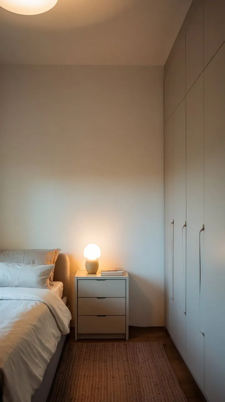 A serene minimalist retreat, where soft light and clean lines foster a tranquil haven for restful rejuvenation.