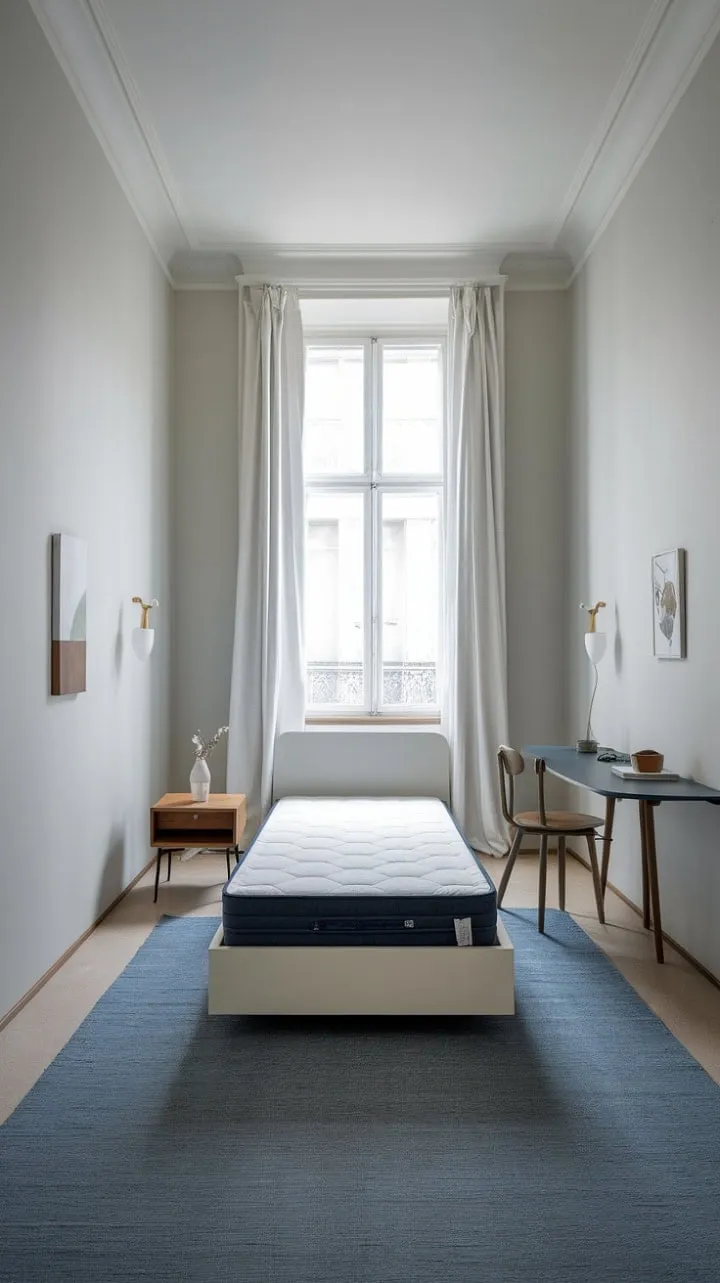 This small bedroom embodies serene simplicity with its light grey walls and blue accents, showcasing how minimalist design can create an inviting and stylish retreat.
