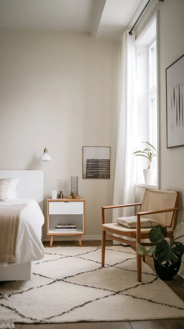 A sanctuary of calm. This minimalist bedroom, with its simple layout and soft white palette, offers a peaceful retreat where even the smallest details, like the single plant and bedside book, contribute to a sense of serenity and a personal comfort.