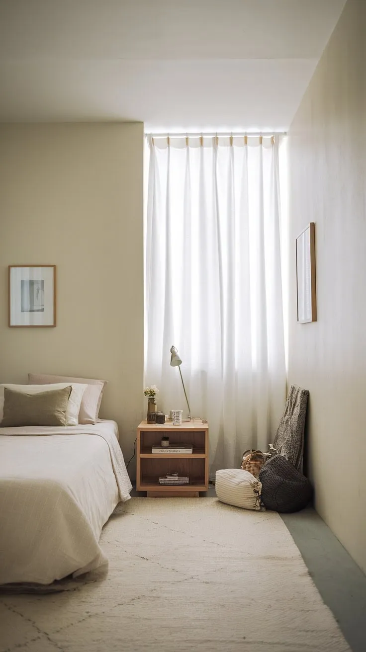 A sanctuary of calm, this minimalist bedroom proves that less is truly more. The simple layout and soft light create a peaceful atmosphere perfect for unwinding after a long day. A haven of tranquility, designed for restful sleep and quiet contemplation.