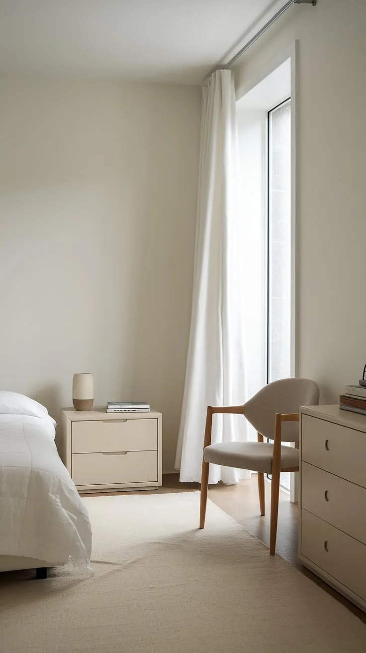 Simple elegance defines this small bedroom. A carefully curated selection of furniture-a bed, nightstand, dresser, and chair-creates a functional yet uncluttered space. The white walls and neutral tones promote serenity, making it the ideal A place to unwind and recharge after a long day. A testament to the beauty of minimalist design.