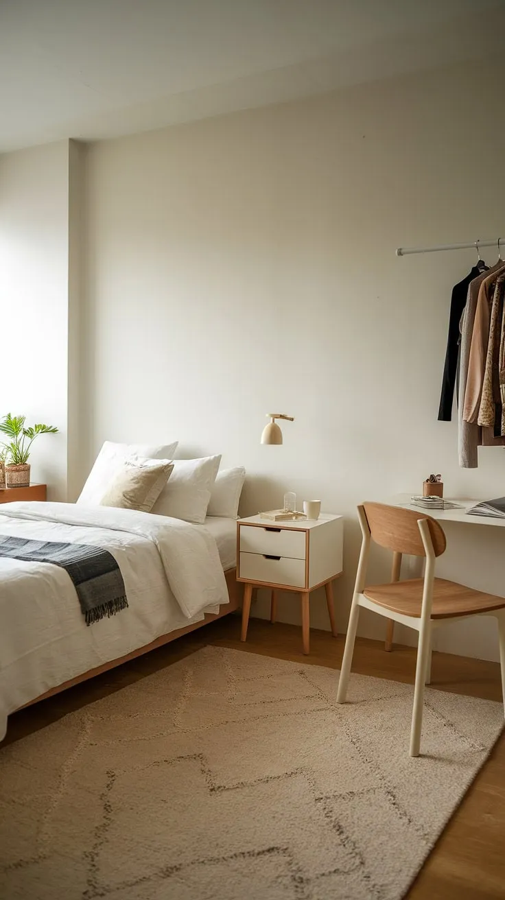 This small bedroom, bathed in soft light, is a study in efficient and stylish living. A carefully curated space, it demonstrates how a few well-chosen pieces-a comfortable bed, a practical desk, and a touch of greenery-can create a functional and aesthetically pleasing haven. A perfect example of mindful minimalism.