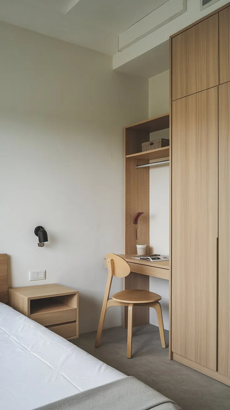 A small space, thoughtfully designed. The clean lines and functional furniture maximize space and create a sense of airy calm. A testament to the beauty of simplicity, this bedroom is a perfect example of how to live minimally and beautifully. A place to unwind and recharge.
