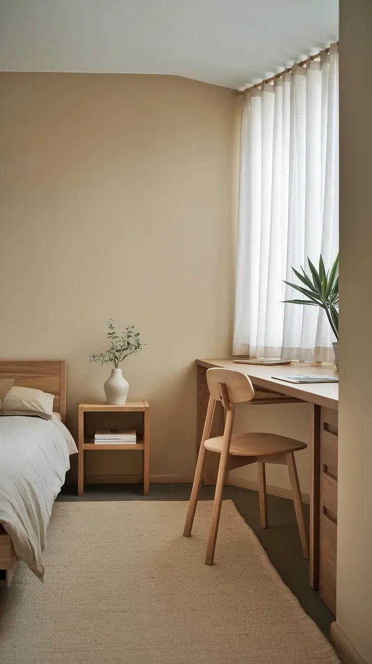 This small bedroom proves that less is more. A carefully curated selection of furniture, a neutral color palette, and a single plant create a serene and inviting atmosphere. The result? A space that feels both spacious and incredibly cozy.