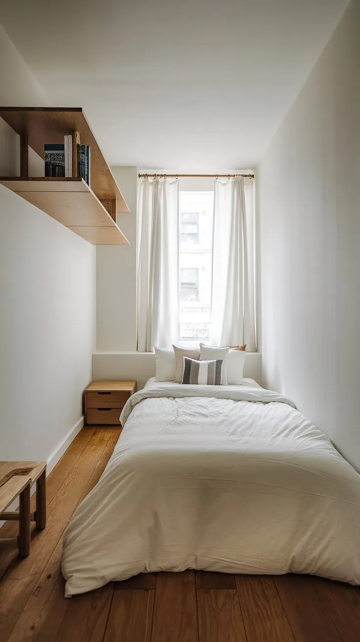 This minimalist bedroom proves that less is truly more. A carefully curated selection of furniture and a soft, natural light create a sanctuary of calm. The simple wooden shelf above the bed holds only a few cherished books, reflecting the peaceful atmosphere of the space.