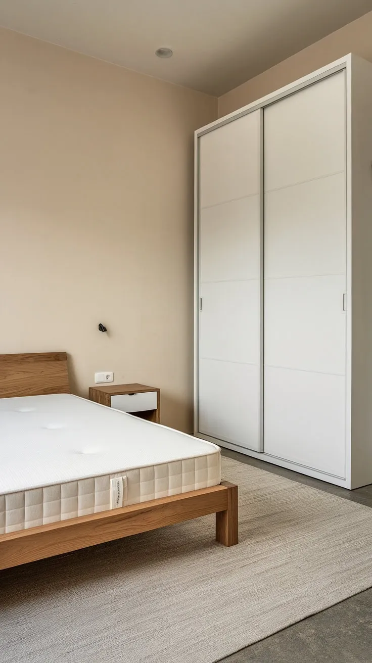 Calm and collected. This minimalist bedroom, with its simple wooden bed and muted tones, is a sanctuary of a peace and quiet. The clean lines and neutral palette create a space that feels both spacious and inviting.