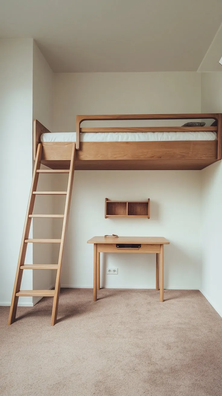 Maximize space and style in this minimalist bedroom. The loft bed, wooden ladder, and compact desk create a functional and aesthetically pleasing haven. A perfect blend of comfort and efficiency.