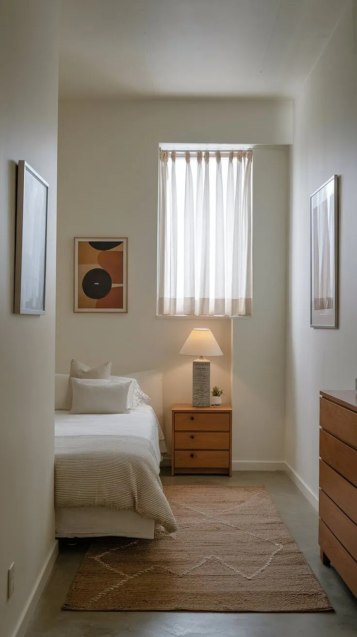 A small space, perfectly styled. A testament to the power of intentional design, this bedroom showcases how a few carefully chosen pieces can create A serene and inviting atmosphere. The soft light and neutral palette contribute to A sense of calm and tranquility.