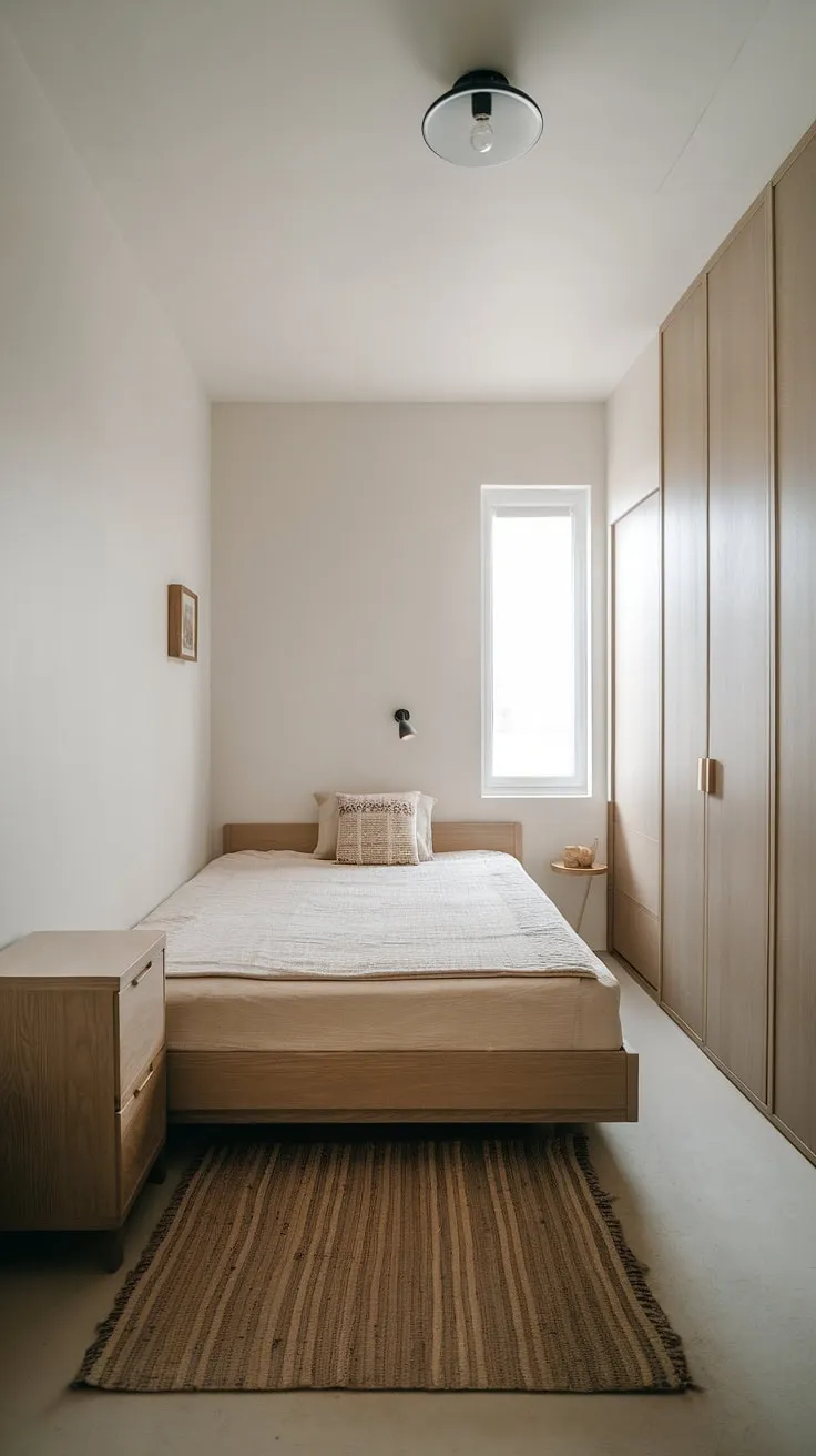 This minimalist bedroom proves that serenity isn't about size, but intention. A carefully curated space, featuring a wooden bed frame and a muted color palette, creates a haven for peaceful nights and rejuvenating mornings. A testament to the power of mindful design.