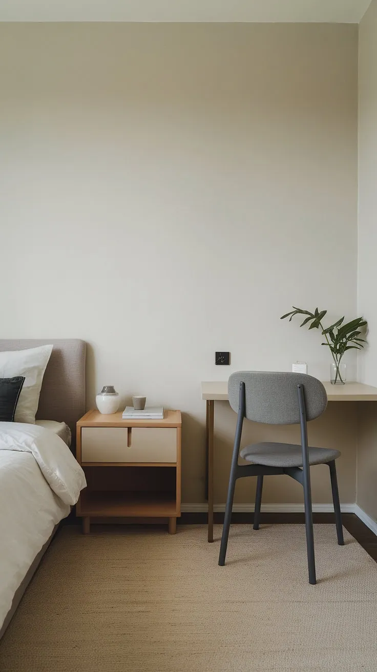 Calm and collected. This minimalist bedroom, painted a soothing light grey, offers a sanctuary for rest and work, proving that less is truly more. A simple desk and chair provide a quiet workspace, while the cozy bed and nightstand ensure a peaceful night's sleep.