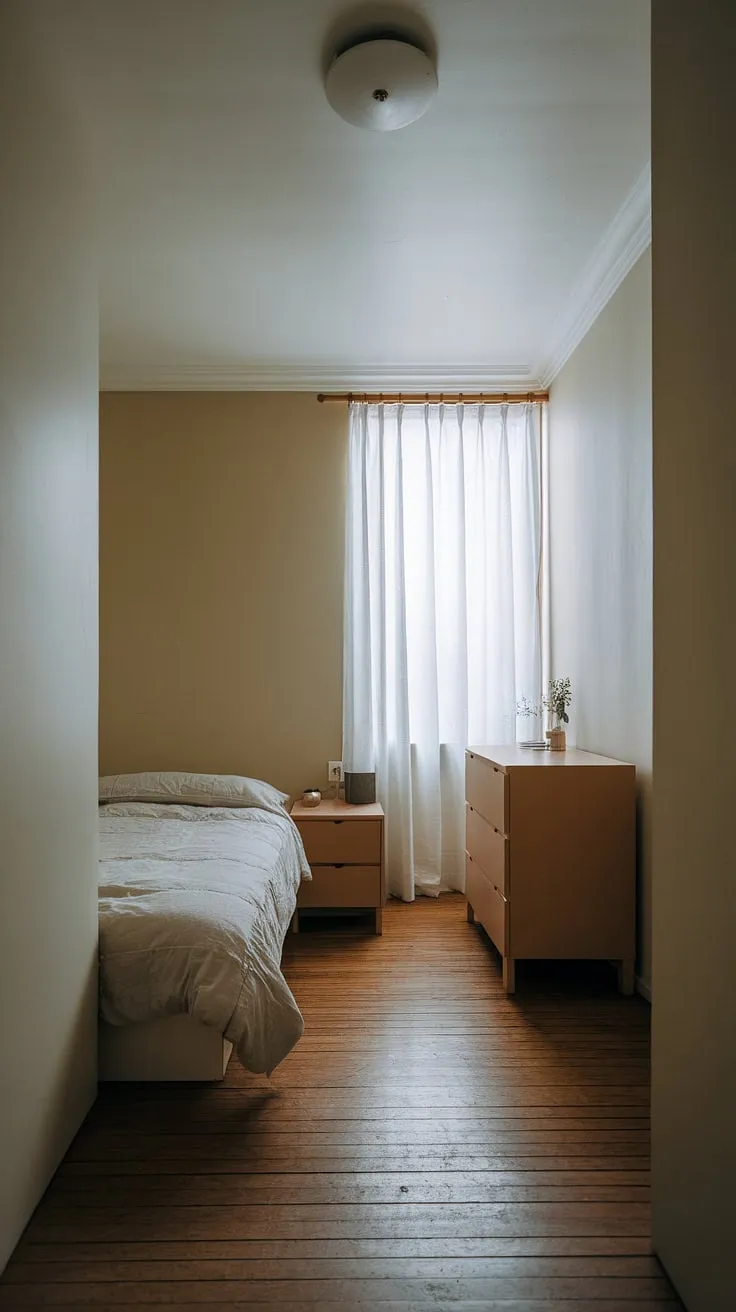 A haven of calm. This minimalist bedroom, with its simple layout and warm wooden floors, proves that less is truly more. The soft beige walls and white curtains create a serene atmosphere, perfect for restful sleep. A small window lets in natural light, illuminating the carefully curated space.