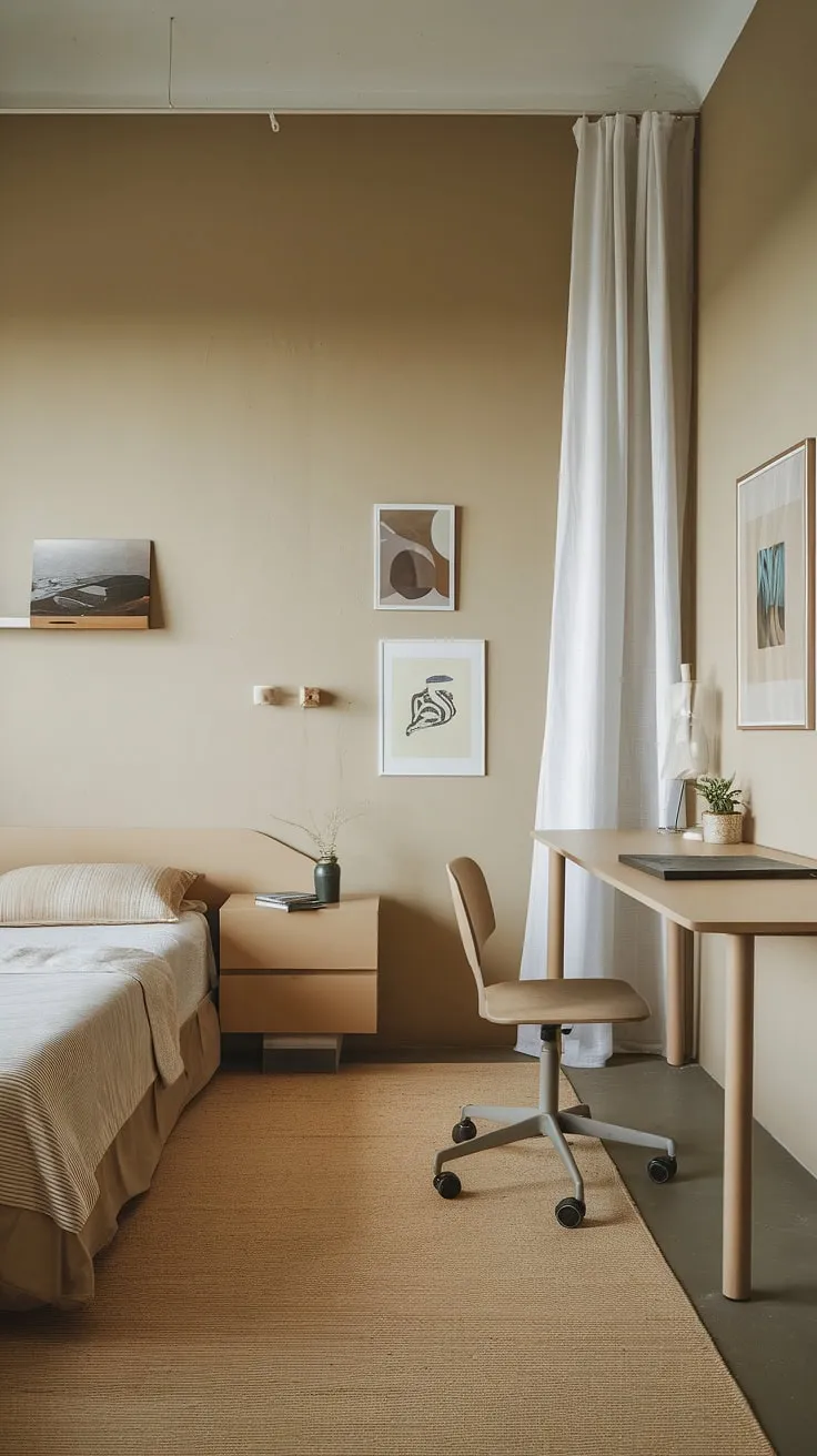 This minimalist bedroom proves that small spaces can be incredibly stylish and functional. The neutral palette, carefully chosen furniture, and thoughtful details create a serene and inviting atmosphere. A sense of calm permeates the room, making it the perfect sanctuary for rest and relaxation. A truly inspiring example of efficient design.