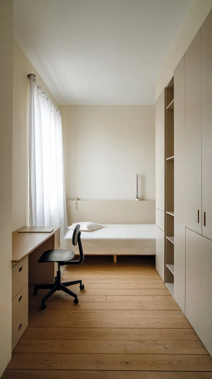 A calming sanctuary, this minimalist bedroom offers a peaceful retreat. The simple design, light walls, and wooden floors create a space that's both functional and aesthetically pleasing, perfect for unwinding after a long day. A quiet corner for work and ample storage make it surprisingly spacious.