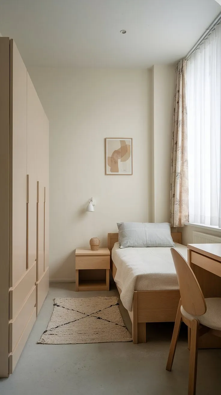 This compact bedroom is a testament to efficient design. A carefully curated selection of furniture, including a built-in wardrobe and a cleverly positioned desk, makes the most of every inch. The calming white walls and natural wood tones create a peaceful retreat; a haven for rest and rejuvenation.