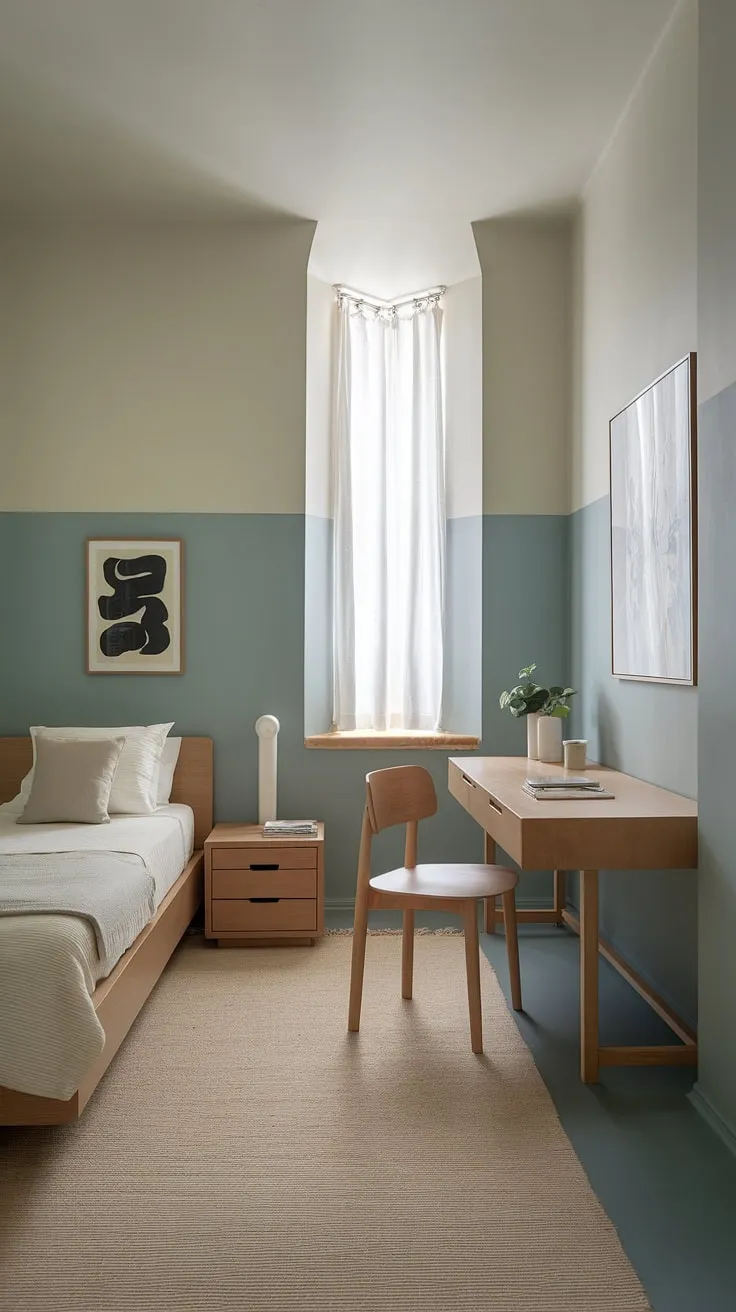 Serenity found in simplicity. This minimalist bedroom, painted in soft blues and whites, offers a calming retreat where functionality meets style. The clean lines of the furniture and thoughtful placement of art create a space that feels both spacious and inviting. A perfect example of how less can truly be more.